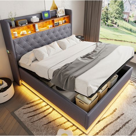 Letto imbottito moderno 160x200 cm con testiera LED, USB e vano contenitore idraulico, tessuto effetto lino grigio (1/5)