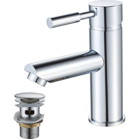 Robinet de lavabo avec bonde de vidage pop-up Robinet mitigeur d'évier à levier unique en laiton Robinet d'eau froide et chaude (1/5)