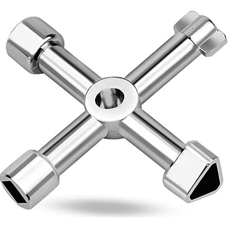 4 Voies Clé Utilitaires Multifonction à Quatre Voies Multifonctions Cross Triangle Key Cle Armoire Electrique Universelle 4 en 1 pour Ascenseurs, Armoires Electriques, Vannes (Argent) (1/5)