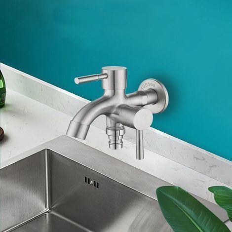(Silberne) Badezimmerarmatur, Zweifunktionsarmatur mit 1 Zulauf und 2 Ausläufen, Edelstahl, für Waschbecken mit Rand und Waschmaschinen (1/4)