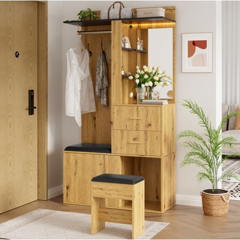 Garderobenschrank (100x40x172.5 cm), mit LED-Spiegel, Sitzbank und Schuhfach, MDF, Natur und Schwarz (1/5)