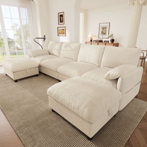 Canapé d’angle modulable 6 places avec 2 poufs et coffre de rangement canapé avec ports USB Type C en chenille beige 273,5x133x81 cm (1/5)
