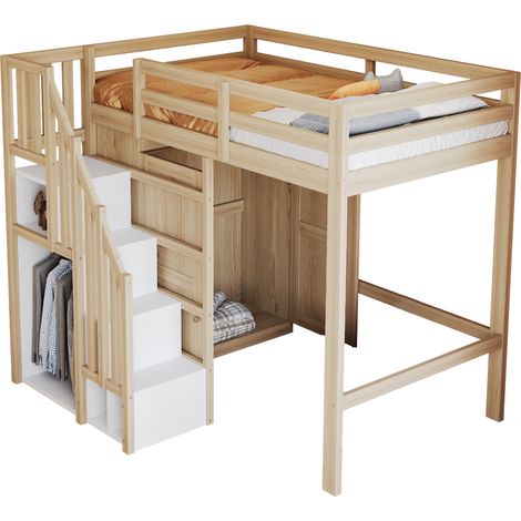 Lit mezzanine 90x200 cm avec escalier de rangement, penderie intégrée et espace modulable pour chambre enfant - CHICFURN (1/5)