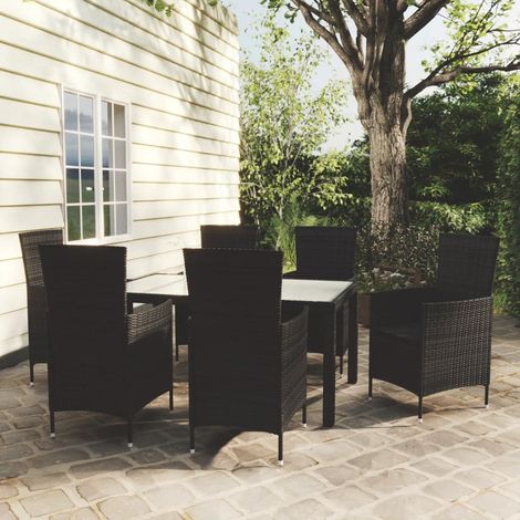 Salon de jardin 7 pcs Ensemble Table et Chaise de Jardin - avec coussins Résine tressée Noir BV335150 - BonneVie (1/5)