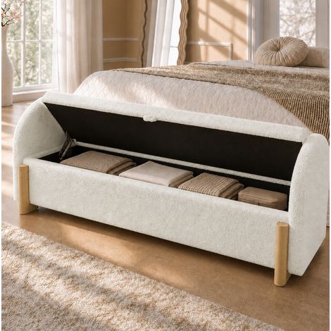 Banco de cama con almacenaje hidráulico 146x47x61 cm, tapizado bouclé blanco, patas de madera maciza, cierre suave