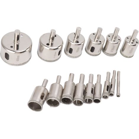 Kit de 15 forets diamantés pour la découpe du verre, du carrelage, de la céramique, du marbre et de la porcelaine (6-8-10-12-14-16-18-20-22-25-26-28-30-40-50 mm).