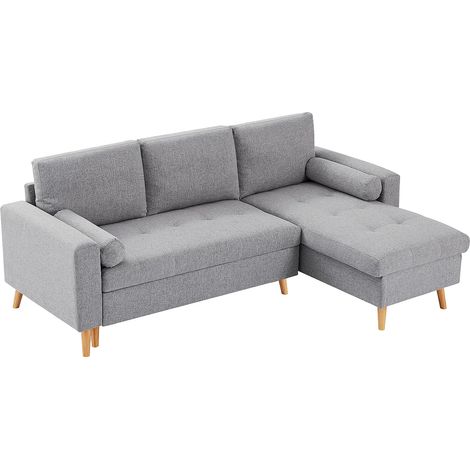 Vente-Unique – Canapé d'angle convertible réversible 4 places en tissu polyester gris clair – Coffre de rangement – Dimensions 225x146cm (1/5)