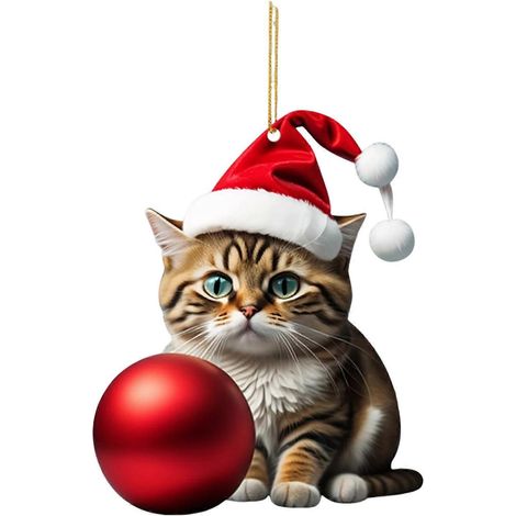 Noël chat décorations acrylique chats avec bonnet de Père Noël pendentif mignon motif fantaisie chats boule décoration 2D plat Kitty Noël suspendu au sapin décoration pour voiture fenêtre sac,H (1/5)