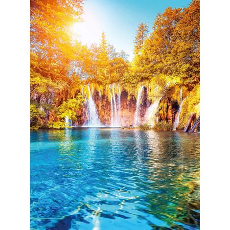 Papier peint panoramique cascade orange & turquoise | Tapisserie panoramique lac idéal salon | Papier peint panoramique nature pour couloir - 192 X 260 cm (4 pièces) (1/2)