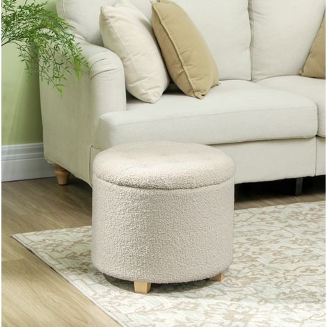 Puf de almacenaje redondo Ø45 x 41 cm con tapa, tejido poliéster blanco crema, patas de pino DESVIAE (1/5)
