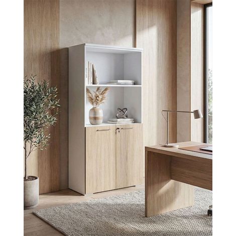 Armadio ufficio Kansas - Mobile archivio 2 ante con serratura - L. 90 x H. 160 x P. 42,5 cm – Bianco-Virginia (1/4)