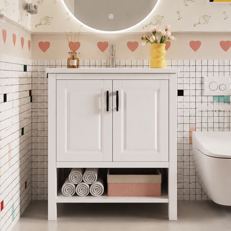 Meuble lavabo autoportant 76,5×47×83 cm blanc, vasque céramique intégrée, double porte, étagères ouvertes et rangements (1/5)
