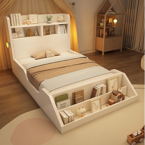 Cama individual 90x200 cm blanca de madera con estantes, luces nocturnas y somier (1/5)