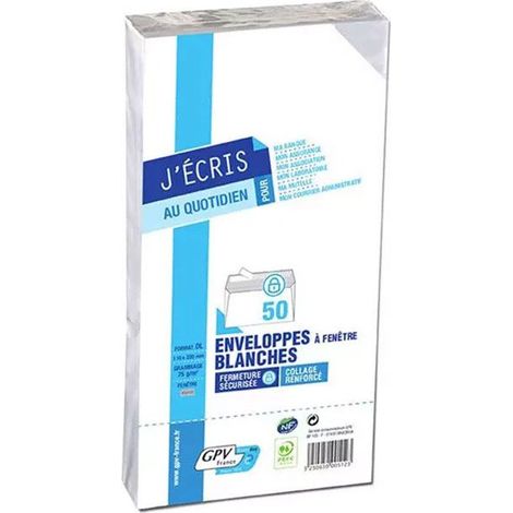 Enveloppes - Blanche - DL - 110x220mm - A fenêtre - Paquet de 50 - GPV