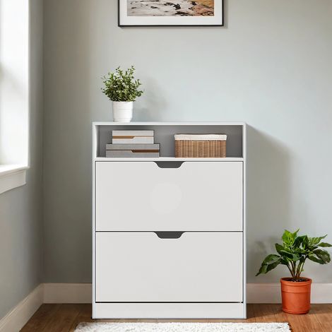 Armoire à Chaussures 2 Clapets, Étagère à Chaussures, Compartiment Ouvert, Cloison Ajustable, Blanc (1/5)