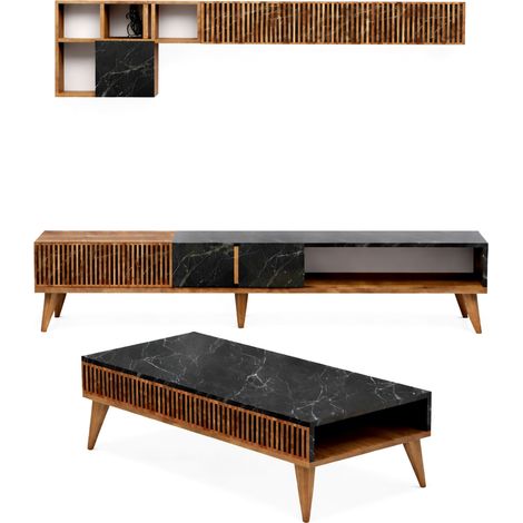 Set Mobili da Soggiorno Ollomont, Modulabile, 9 Ripiani, 2 Ante, Marrone Noce