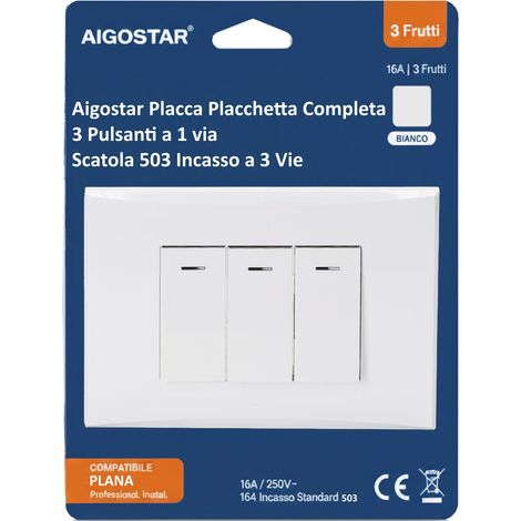 Aigostar Placca Placchetta Completa 3 Pulsanti Deviati 16a Incasso 503