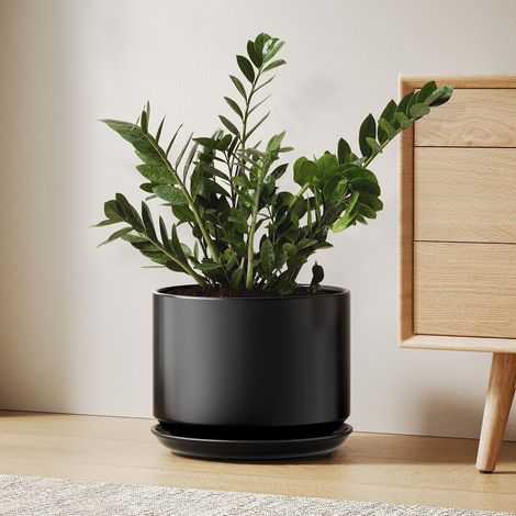 Pot de Fleurs en Céramique 25 cm, Pot de Fleurs avec Soucoupe Intégrée et Trou de Drainage, Jardinière Moderne au Style Minimaliste, Finition Mate pour Plantes d'Intérieur, Noir (1/5)