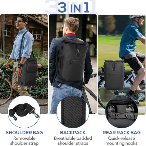 Sacoche de vélo étanche 3 en 1, sac de support arrière de vélo, sac à dos à bandoulière pour déplacements en plein air, avec compartiment pour ordinateur portable (1/5)