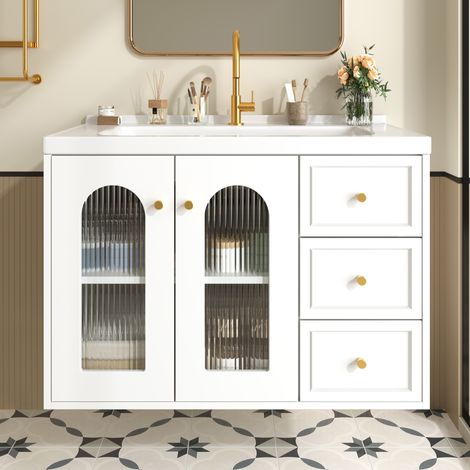 Mueble lavabo suspendido 80x50x58 cm en MDF blanco, almacenaje integrado para baño – MEUBLIV (1/5)