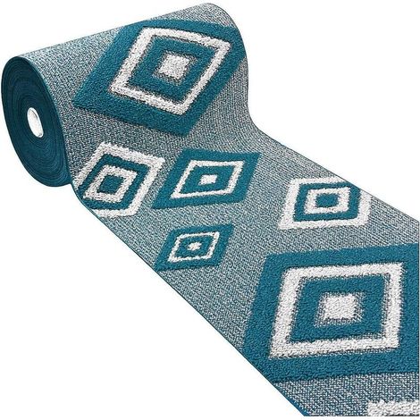 Tapis de Cuisine Au Mètre H57 Coureur Bordé Losanges 3D Bordé Moderne Antidérapant - Bleu (1/4)