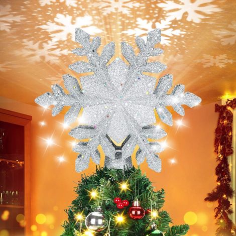 Cime de sapin de Noël avec projecteur LED intégré,Décoration de sapin de Noël avec flocons de neige, Décoration de Noël 3D pailletée (dorée) (1/5)