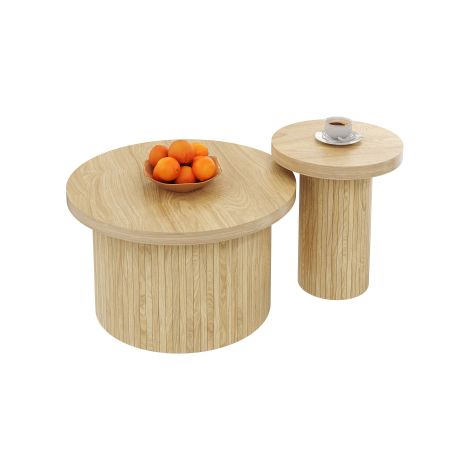 Table basse, table ronde double, table d'appoint à lattes en bois naturel. Table de salon multifonctionnelle. (1/5)