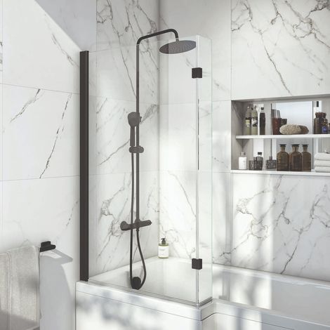 Orbit Black L-Shaped Bath Screen 1400mm H x 830mm W - 6mm Glass (1/2)