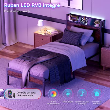 lit simple avec éclairage LED et station de Chargement, lit adulte 90x200 cm, avec tête de lit Rangement,robuste, 14 Lattes sommier métalliques, brun