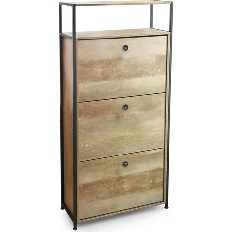 Schuhschrank aus Holz und Metall 60 x 24 x 132 cm, 3 Klappen, offene Ablage, industrieller Stil