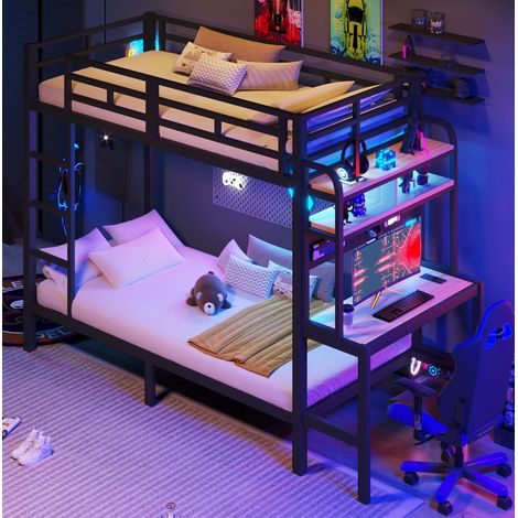 Lit superposé enfant 90x200 cm avec bureau, étagères, LED et USB, structure métal sécurisée - noir (1/5)