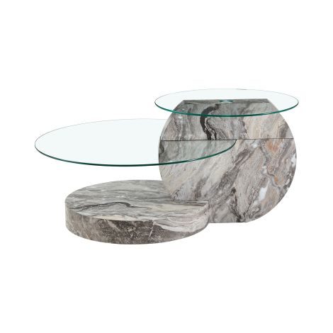 Table basse moderne et minimaliste en verre de sécurité présentant un design rond à effet marbre gris.