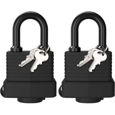 Deux cadenas en laiton étanches, cadenas en acier laminé résistant aux intempéries pour une utilisation en extérieur, adaptés aux casiers, noirs. (1/4)