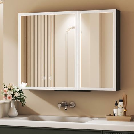 Spiegelschrank mit Beleuchtung 80 x 60 cm, Bad-Hängeschränke LED Spiegelschrank Bad mit Beleuchtung Badezimmer Spiegelschrank mit Touch-Schalter, 3 Einstellbare Lichtfarben, Beschlagfrei (1/5)