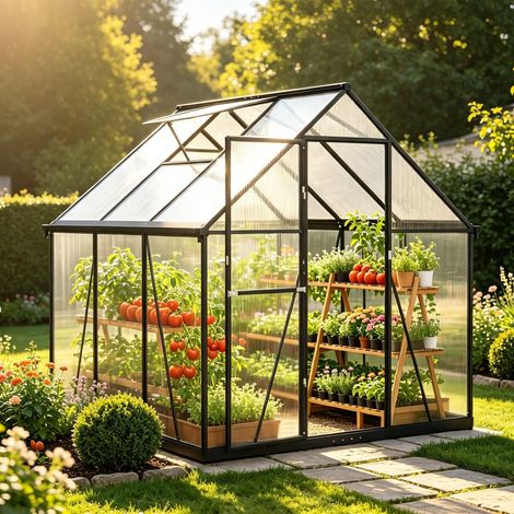 Serre de Jardin Aluminium Polycarbonate 175x168x194cm Transparent, Montage Rapide, Fenêtre Réglable, Porte Battante, Abri Extérieur Résistant aux Intempéries, pour Plante Fleur Potager Semis (1/5)