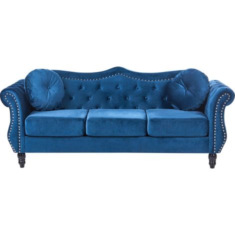 Divano in Velluto Blu a 3 Posti in Stile Chesterfield con Cuscini Retrò Skien