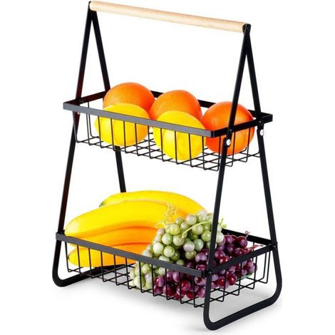 Panier À Fruits - 2 Niveaux - Métal Noir Mat Avec Poignées En Bois - Pour Cuisine Et Salle À Manger - 1 Pièce (1/5)