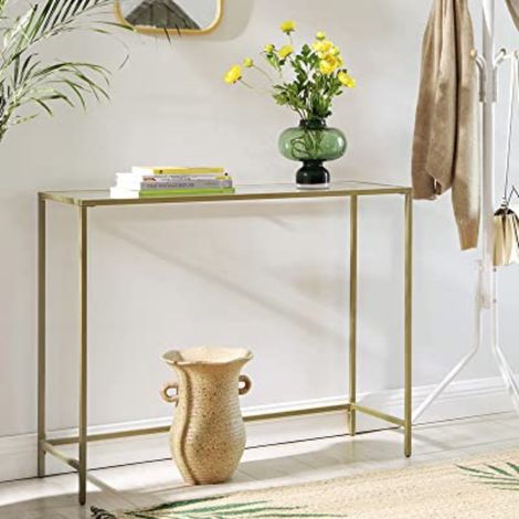 Table console moderne dorée en verre trempé, cadre métallique, (1/5)