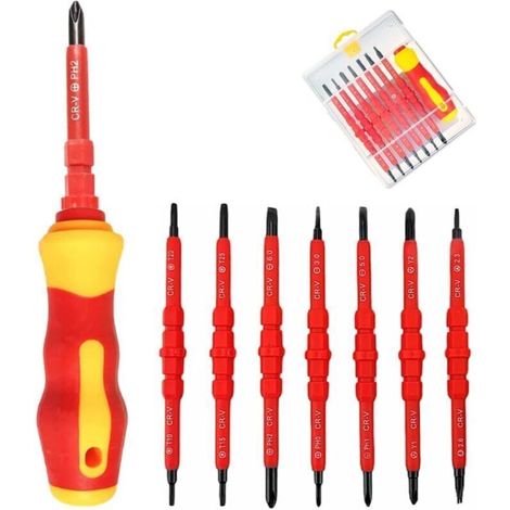 Kit de Tournevis Magnétiques 7 en 1,Tournevis d'électricien Isolé,Tournevis Interchangeable,Tournevis Tête Plats et Cruciplat, avec Bote de Rangement, Outils Electricien (1/4)