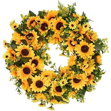 Gelber Sonnenblumenkranz – 40 cm, grüne Blätter, Sommer, realistische Nachbildung