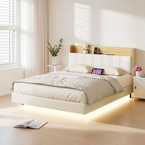 Cama Doble Flotante 140x200 cm con LED RGB, UE y Estantes - Cuero PU - Cabecera Panel Lateral en Cuero Sintético Beige - Moderna