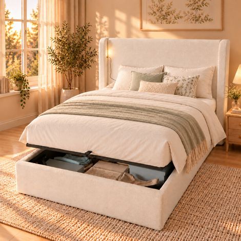 Lit coffre enfant 90x200 cm, lit simple avec rangement hydraulique, sommier à lattes, LED, USB et USB-C, tête de lit à oreilles, tissu bouclette beige (1/5)