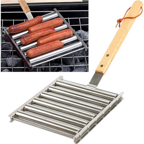 Rouleau à Hot-Dog avec Support à Saucisse et Manche en Bois Extra Long, Grill pour BBQ Pour des Hot-Dogs Uniformément Cuit, Capacité de 5, Argenté (1/5)