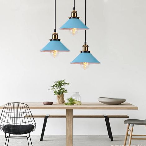 Lustre rétro à trois têtes (bleu), lumière chaude, E27, éclairage décoratif pour la maison, aucun câblage requis, abat-jour en métal. (1/5)
