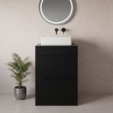 Napoli 460 Matt Black 600mm 2 Drawer Vanity Unit for Countertop Basins - 600mm - Matt Black 320mm Handle