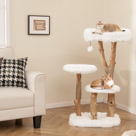Arbre à Chat en Bois Massif Tour pour Chat en Bois avec Perchoir Poteaux à Gratter en Jute Naturelle Balle Suspendue Peluche Douce Blanc (1/2)