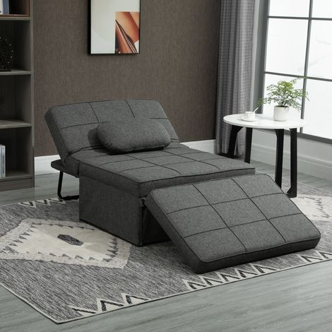 HOMCOM Chauffeuse 1 place 4 en 1 Fauteuil lit Convertible Pouf Dossier inclinable 5 Niveaux Repose-Pied Rabattable. Charge 200 Kg. châssis métal et Tissu Lin gris
