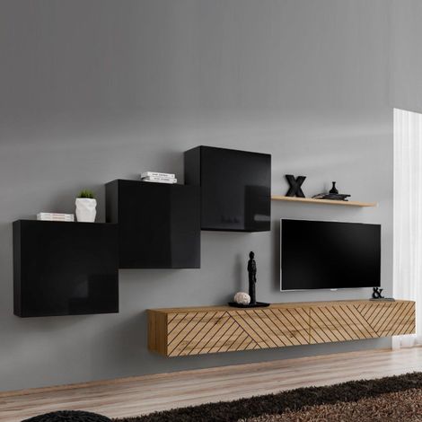 Ensemble Meuble TV "Switch Lamel X" 330cm Naturel & Noir (1/5)