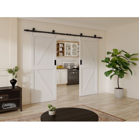 Porta scorrevole doppia con sistema esterno muro 2 x H205 x 93 cm Legno e MDF Bianco - NEFARA (1/4)