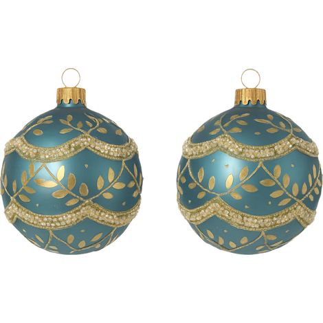 Pallina in vetro celeste con decorazioni oro per albero di Natale da Ø 10 cm, confezione da 2 pezzi (1/4)